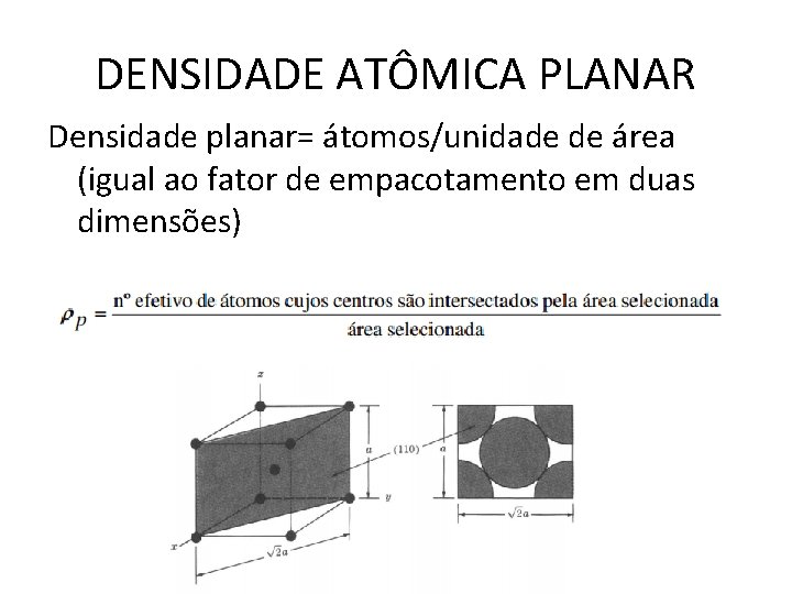 DENSIDADE ATÔMICA PLANAR Densidade planar= átomos/unidade de área (igual ao fator de empacotamento em