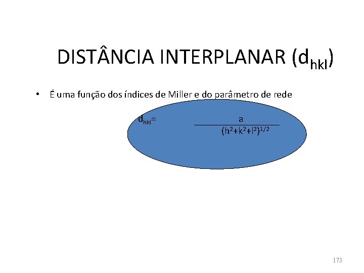 DIST NCIA INTERPLANAR (dhkl) • É uma função dos índices de Miller e do