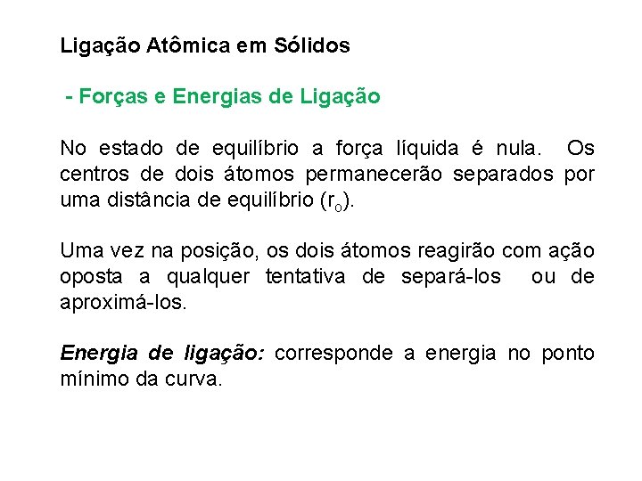 Ligação Atômica em Sólidos - Forças e Energias de Ligação No estado de equilíbrio