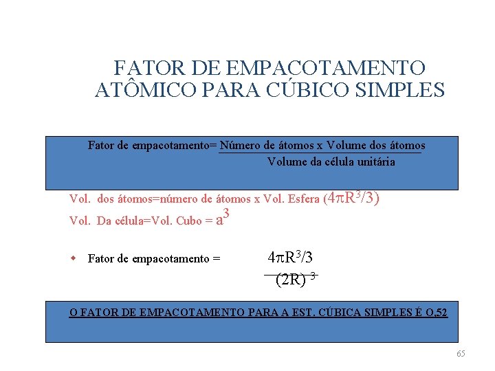 FATOR DE EMPACOTAMENTO ATÔMICO PARA CÚBICO SIMPLES Fator de empacotamento= Número de átomos x