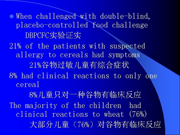 l When challenged with double-blind, placebo-controlled food challenge DBPCFC实验证实 21% of the patients with