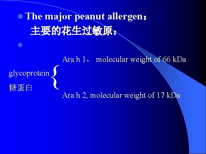 l The major peanut allergen： 主要的花生过敏原： l { Ara h 1， molecular weight of