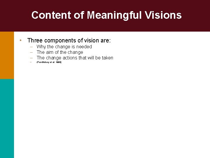 Content of Meaningful Visions • Three components of vision are: – Why the change