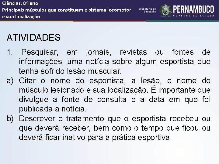 Ciências, 8º ano Principais músculos que constituem o sistema locomotor e sua localização ATIVIDADES