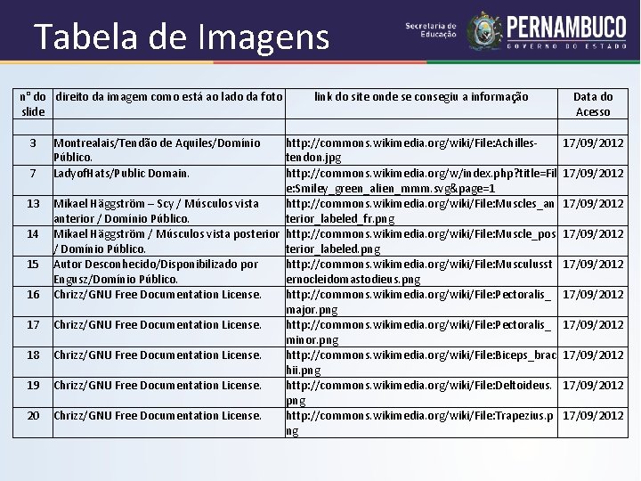 Tabela de Imagens n° do direito da imagem como está ao lado da foto