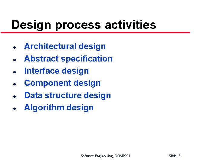 Design process activities l l l Architectural design Abstract specification Interface design Component design