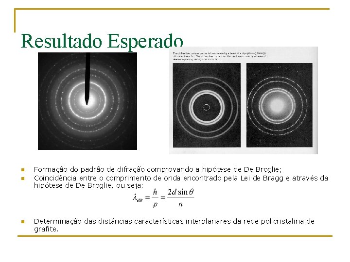 Resultado Esperado n n n Formação do padrão de difração comprovando a hipótese de
