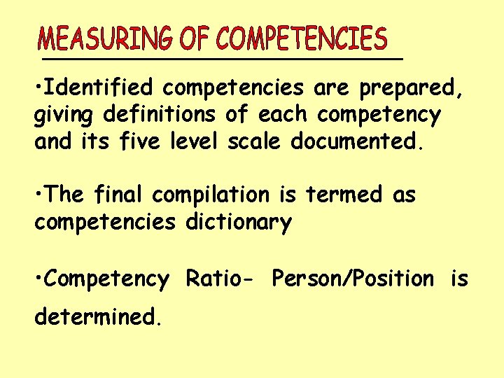  • Identified competencies are prepared, giving definitions of each competency and its five