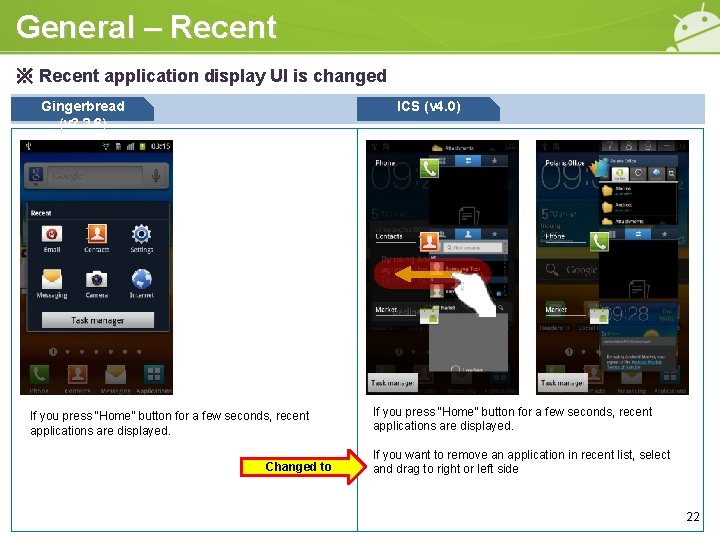 General – Recent ※ Recent application display UI is changed Gingerbread (v 2. 3.
