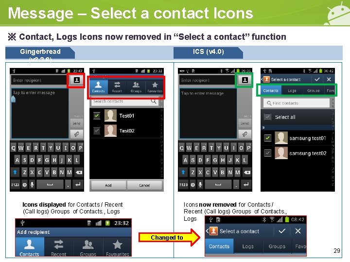 Message – Select a contact Icons ※ Contact, Logs Icons now removed in “Select