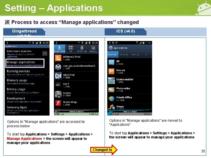 Setting – Applications ※ Process to access “Manage applications” changed Gingerbread (v 2. 3.