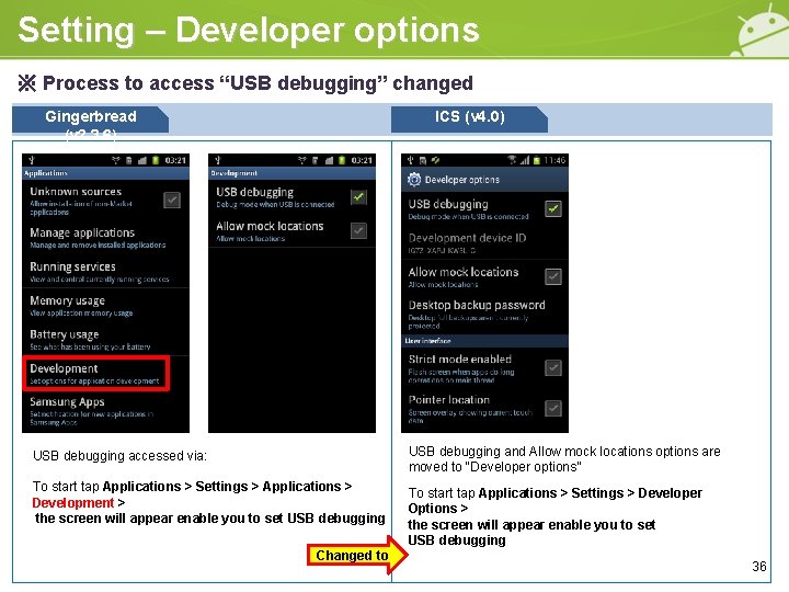 Setting – Developer options ※ Process to access “USB debugging” changed Gingerbread (v 2.