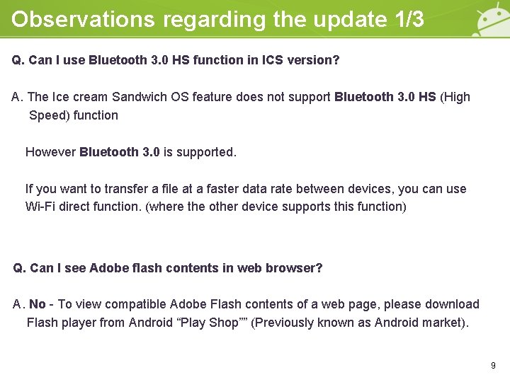 Observations regarding the update 1/3 Q. Can I use Bluetooth 3. 0 HS function