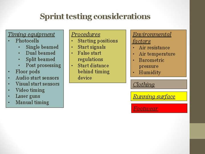 Sprint testing considerations Timing equipment Procedures • • Starting positions • Start signals •