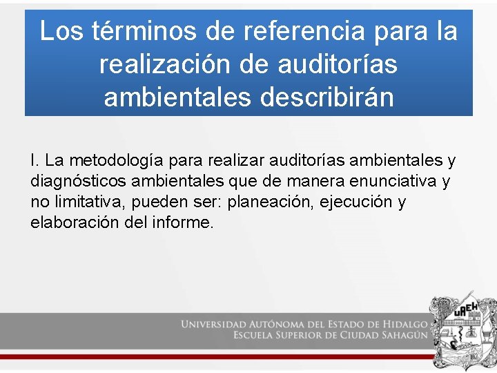 Los términos de referencia para la realización de auditorías ambientales describirán I. La metodología