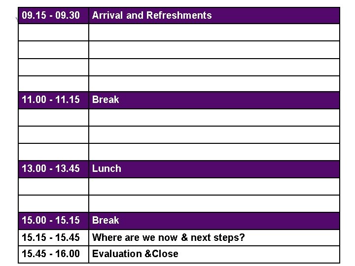 09. 15 - 09. 30 Arrival and Refreshments 11. 00 - 11. 15 Break
