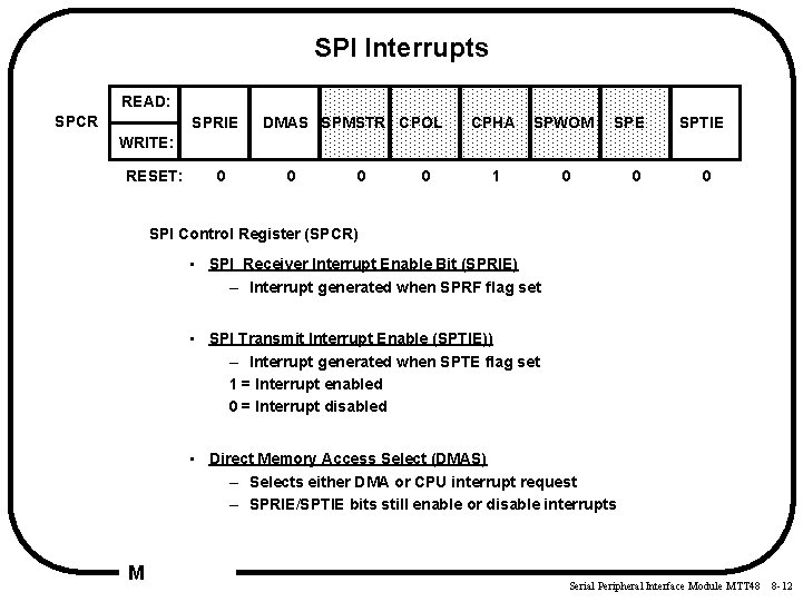 SPI Interrupts READ: SPCR SPRIE DMAS SPMSTR CPOL CPHA SPWOM 1 0 SPE SPTIE