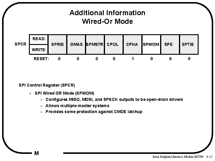 Additional Information Wired-Or Mode READ: SPCR SPRIE DMAS SPMSTR CPOL CPHA SPWOM 1 0