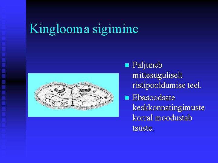 Kinglooma sigimine n n Paljuneb mittesuguliselt ristipooldumise teel. Ebasoodsate keskkonnatingimuste korral moodustab tsüste. 