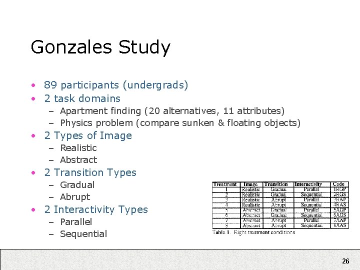 Gonzales Study • 89 participants (undergrads) • 2 task domains – Apartment finding (20 Gonzales Study • 89 participants (undergrads) • 2 task domains – Apartment finding (20