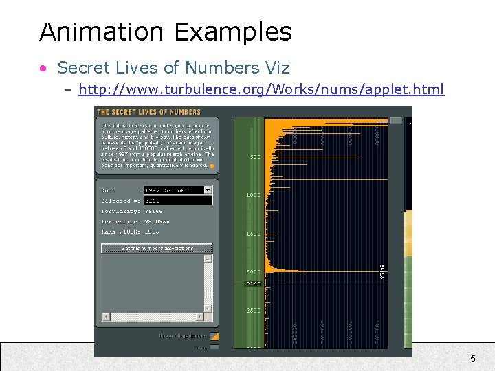 Animation Examples • Secret Lives of Numbers Viz – http: //www. turbulence. org/Works/nums/applet. html Animation Examples • Secret Lives of Numbers Viz – http: //www. turbulence. org/Works/nums/applet. html