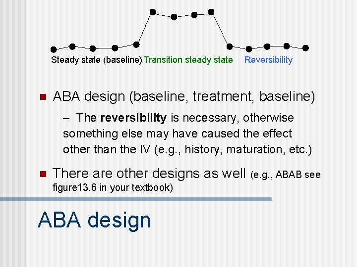 Steady state (baseline) Transition steady state n Reversibility ABA design (baseline, treatment, baseline) –
