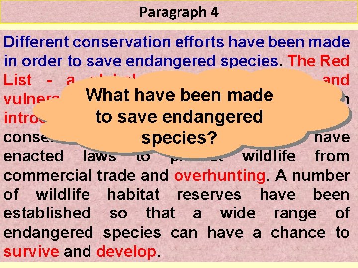 Paragraph 4 Different conservation efforts have been made in order to save endangered species.