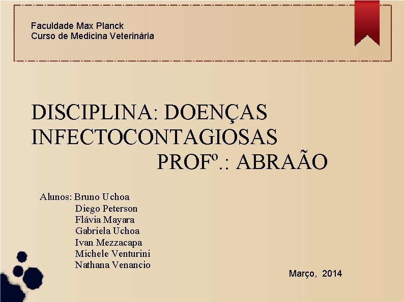 Faculdade Max Planck Curso de Medicina Veterinária DISCIPLINA: DOENÇAS INFECTOCONTAGIOSAS PROFº. : ABRAÃO Alunos: