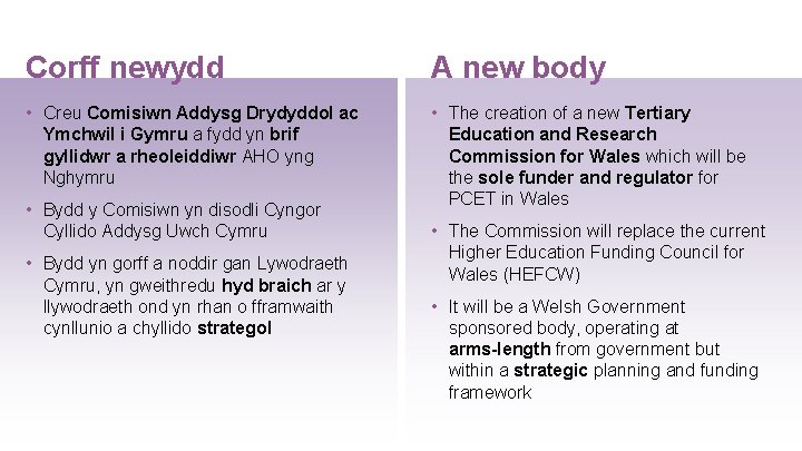 Corff newydd A new body • Creu Comisiwn Addysg Drydyddol ac Ymchwil i Gymru