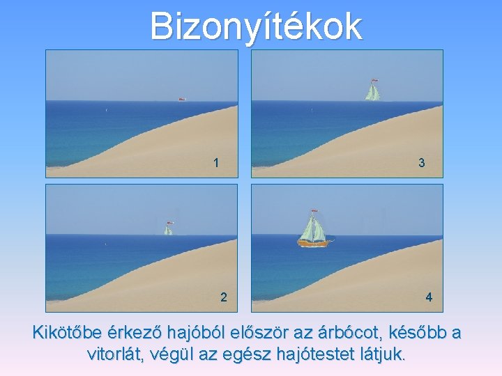 Bizonyítékok 1 3 2 4 Kikötőbe érkező hajóból először az árbócot, később a vitorlát,
