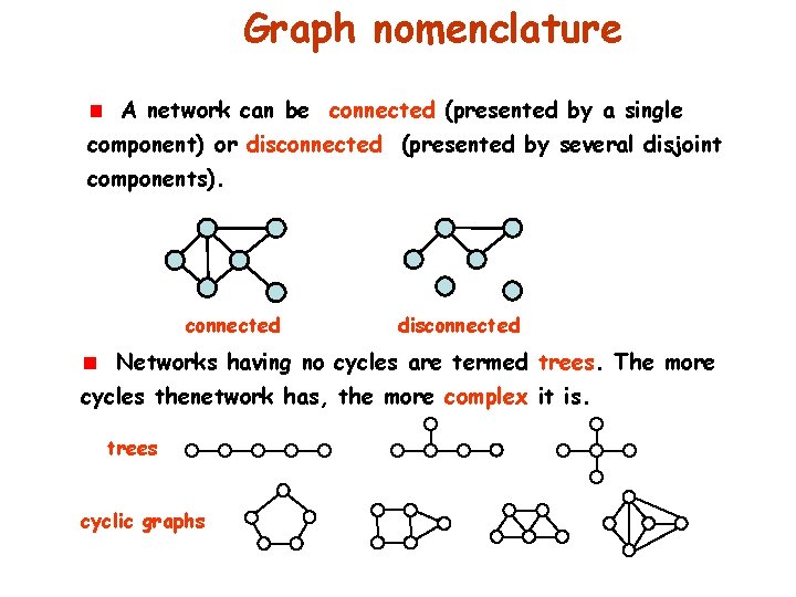 Graph nomenclature A network can be connected (presented by a single component) or disconnected