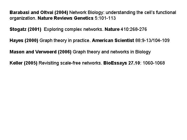 Barabasi and Oltvai (2004) Network Biology: understanding the cell’s functional organization. Nature Reviews Genetics