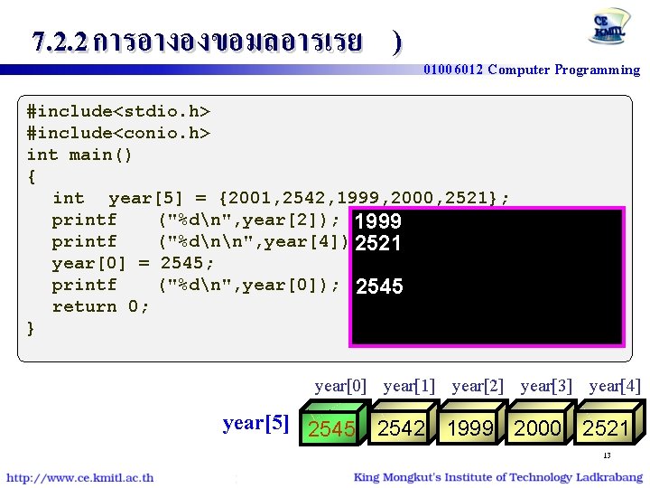 7. 2. 2 การอางองขอมลอารเรย ) 01006012 Computer Programming #include<stdio. h> #include<conio. h> int main()