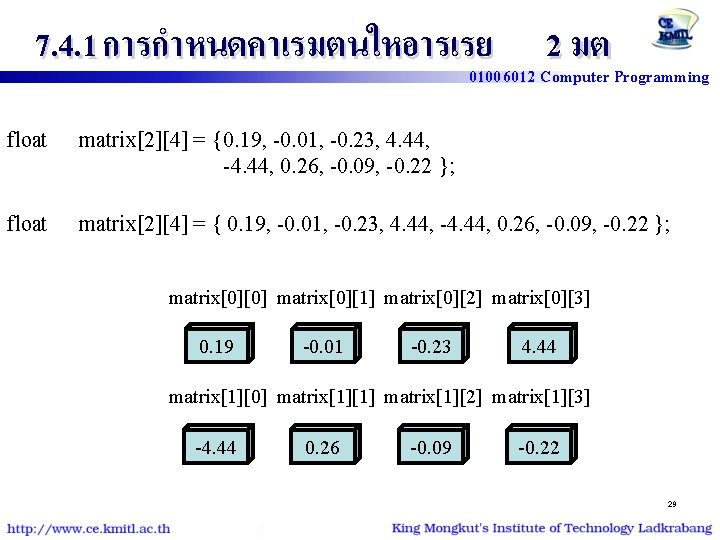 7. 4. 1 การกำหนดคาเรมตนใหอารเรย 2 มต 01006012 Computer Programming float matrix[2][4] = {0. 19,