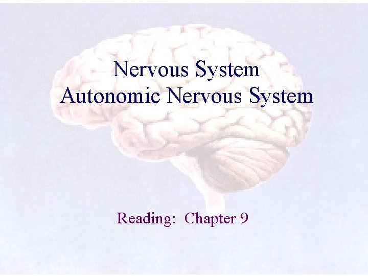 Nervous System Autonomic Nervous System Reading: Chapter 9 1 