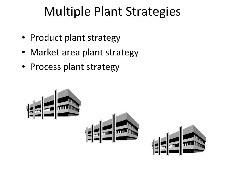 Multiple Plant Strategies • Product plant strategy • Market area plant strategy • Process