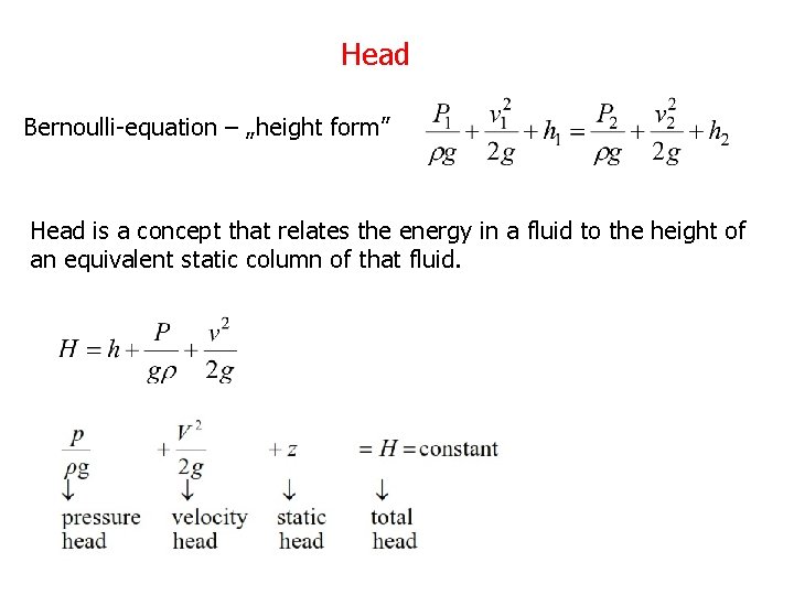 Head Bernoulli-equation – „height form” Head is a concept that relates the energy in