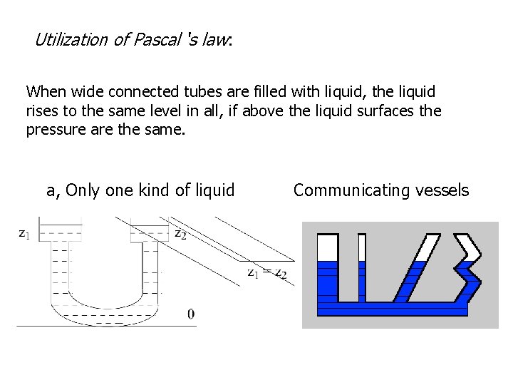 Utilization of Pascal ‘s law: When wide connected tubes are filled with liquid, the