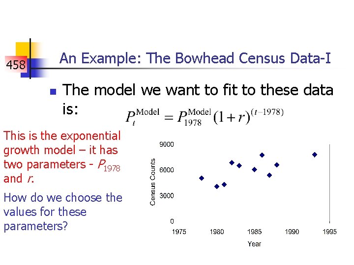 An Example: The Bowhead Census Data-I 458 n The model we want to fit