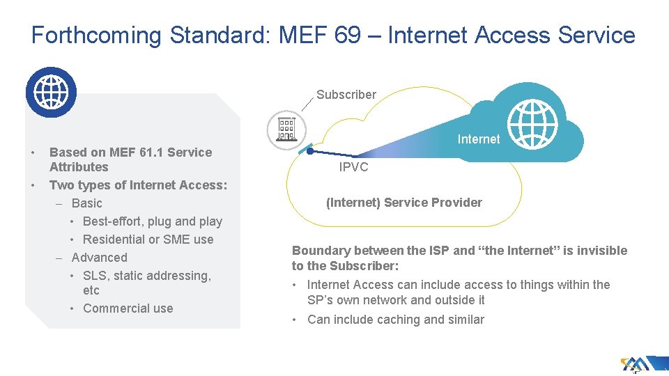 Forthcoming Standard: MEF 69 – Internet Access Service Subscriber • • Based on MEF