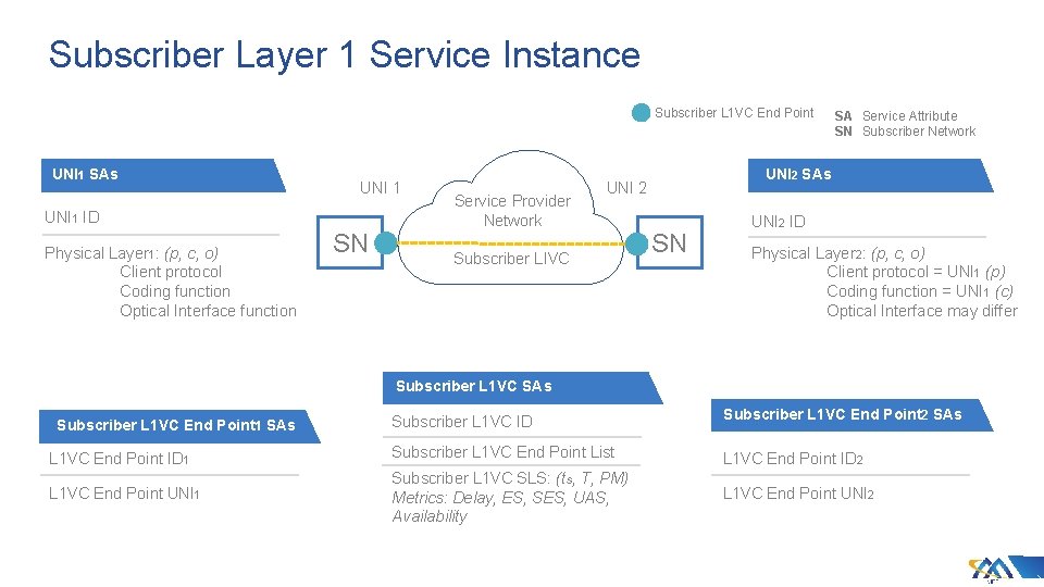 Subscriber Layer 1 Service Instance Subscriber L 1 VC End Point UNI 1 SAs