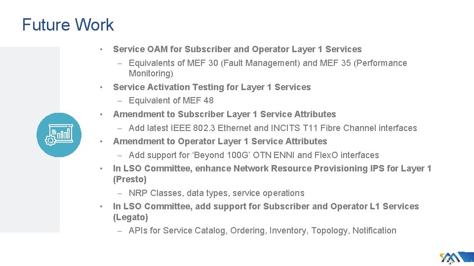 Future Work • Service OAM for Subscriber and Operator Layer 1 Services – Equivalents
