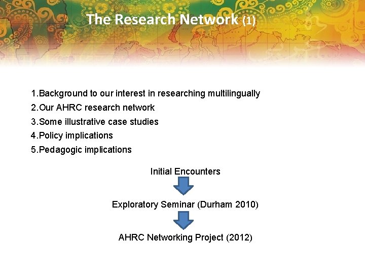 The Research Network (1) 1. Background to our interest in researching multilingually 2. Our