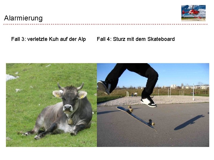 Alarmierung Fall 3: verletzte Kuh auf der Alp Fall 4: Sturz mit dem Skateboard