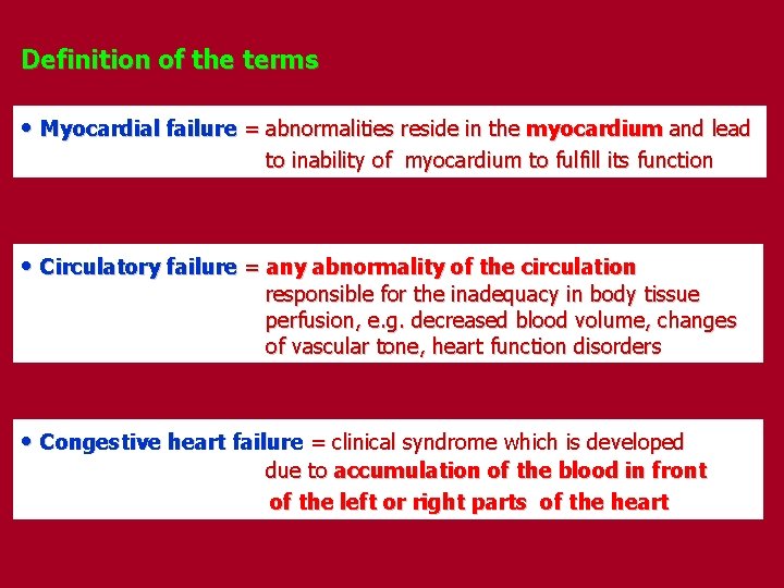 Definition of the terms • Myocardial failure = abnormalities reside in the myocardium and