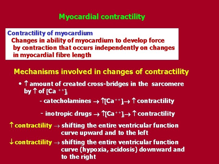 Myocardial contractility Contractility of myocardium Changes in ability of myocardium to develop force by