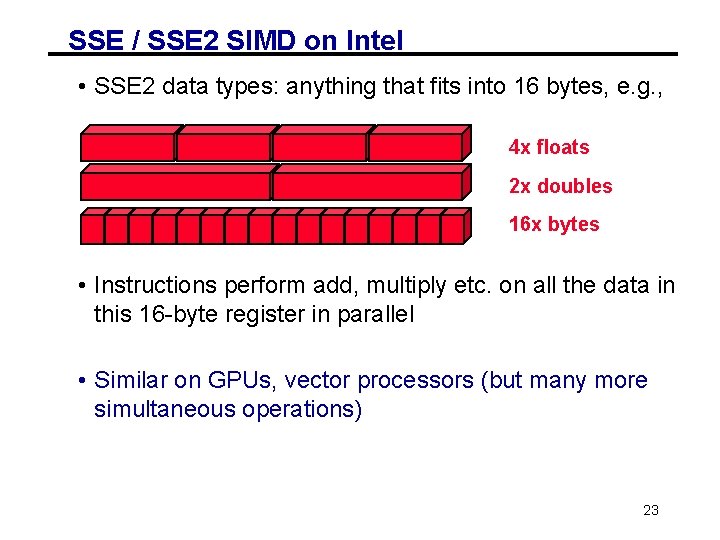 SSE / SSE 2 SIMD on Intel • SSE 2 data types: anything that