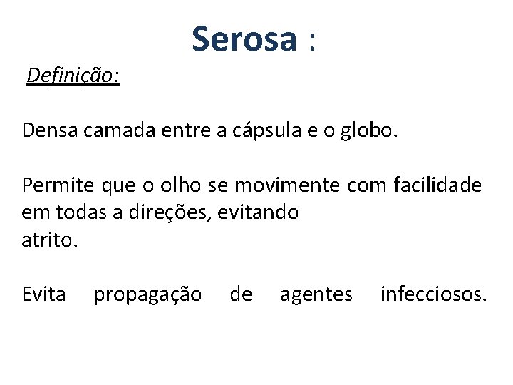 Definição: Serosa : Densa camada entre a cápsula e o globo. Permite que