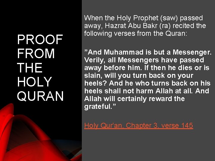 PROOF FROM THE HOLY QURAN When the Holy Prophet (saw) passed away, Hazrat Abu