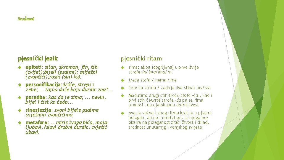 Srodnost pjesnički jezik epiteti: sitan, skroman, fin, tih (cvijet); bijeli (psalmi); sniježni (zvončići); rosin